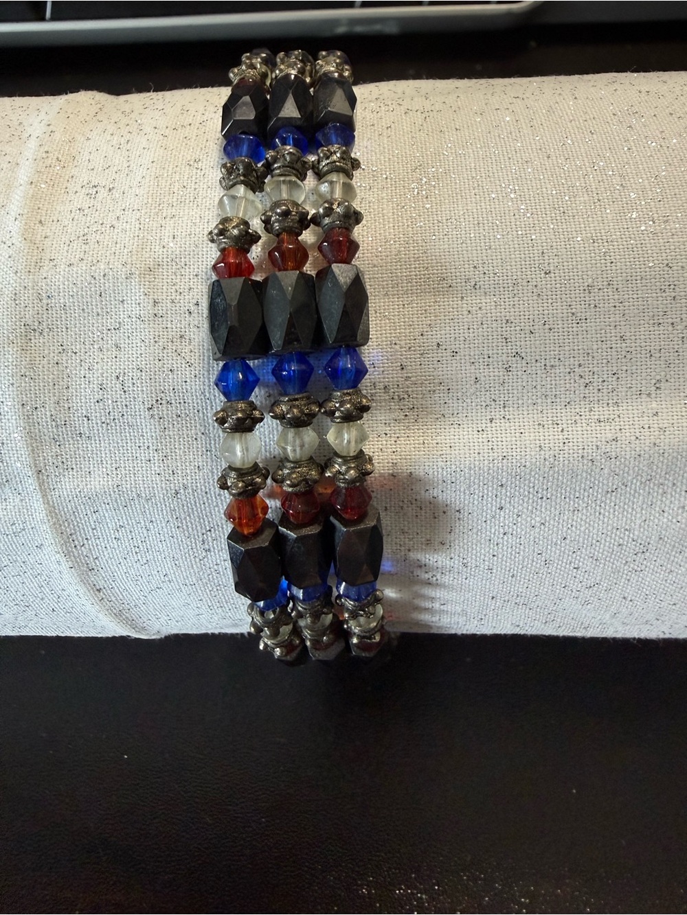 Magnetic Bracelet/Necklace in Glass Blue, Clear  & Red Beads.  The Black beads.